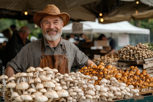 Cheerful farmer displaying a variety of mushrooms, educating customers about their culinary uses