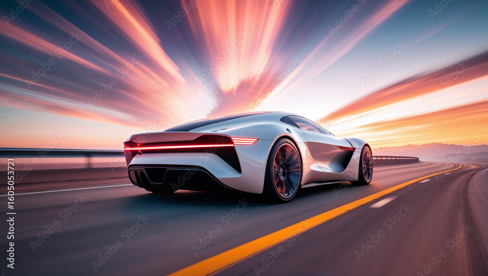 Naklejka premium Futuristic white sports car speeds along a highway at sunset, creating a dynamic scene.