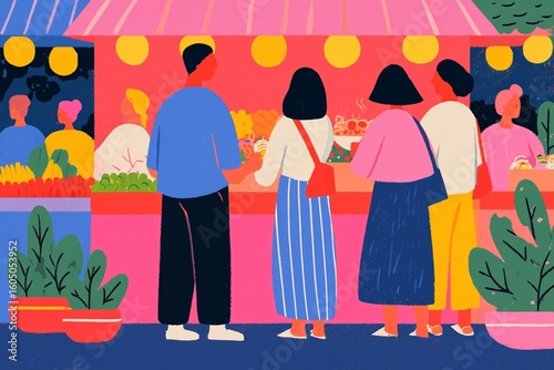 Flat Modern Illustration of Backpackers Tasting Street Food in Asian Night Market