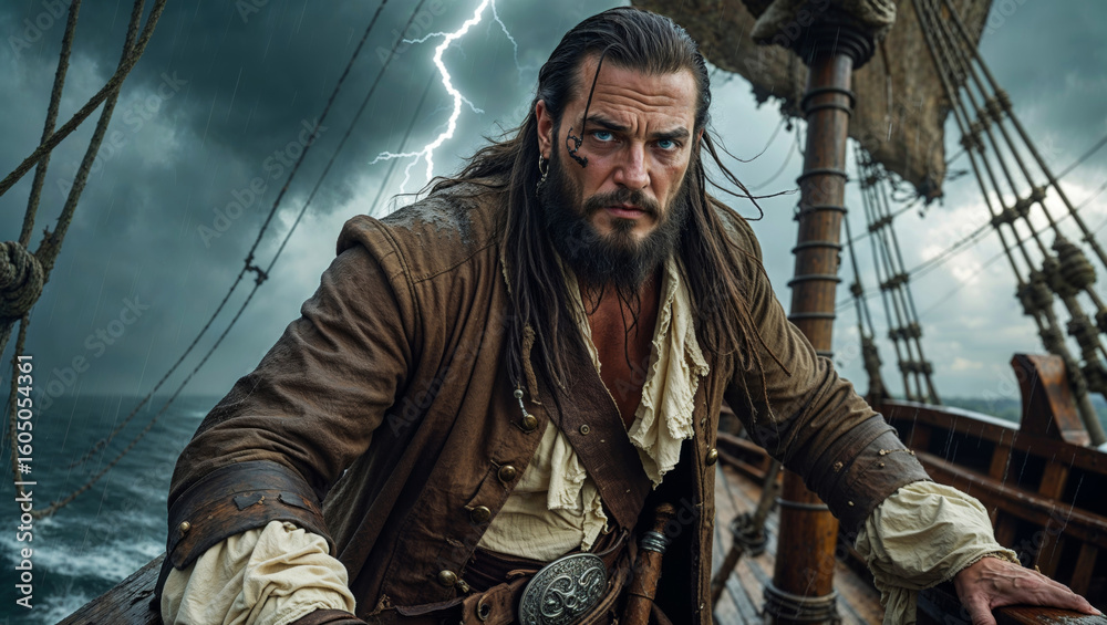Fototapeta premium A determined pirate captain braves a fierce storm on his ship, with lightning illuminating the dark sky.