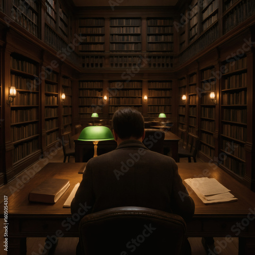 Man writing at a wooden desk in a vintage library filled with books and warm lighting.

