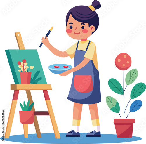 Girl painting on canvas, little girl painting on easel
