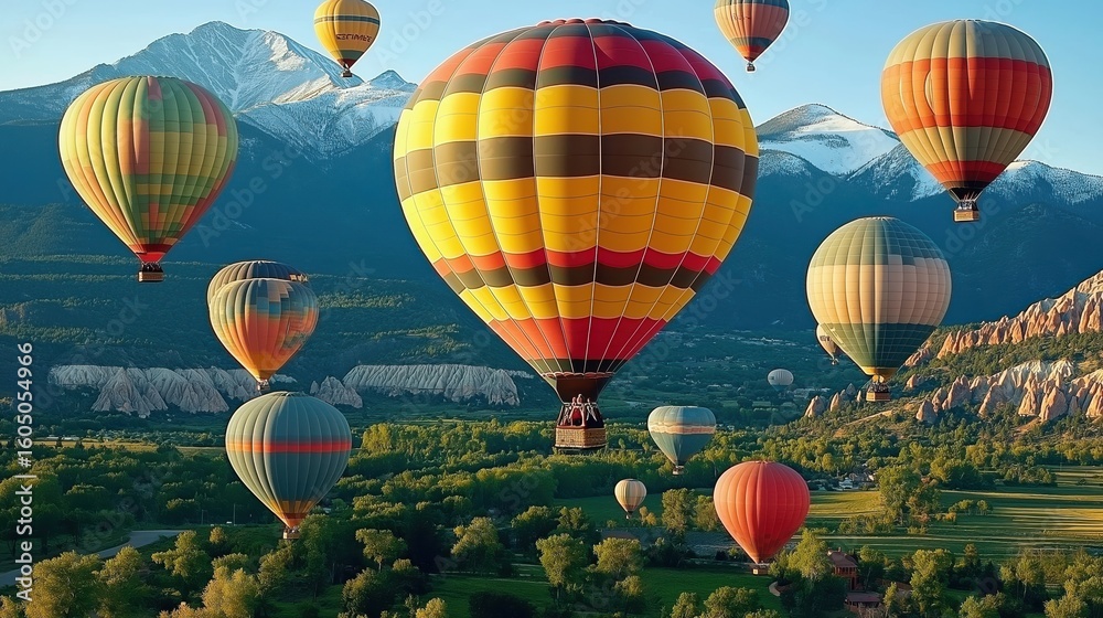 Obraz premium Colorful hot air balloons floating over green valley and snow-capped mountains on a sunny day with clear blue sky.