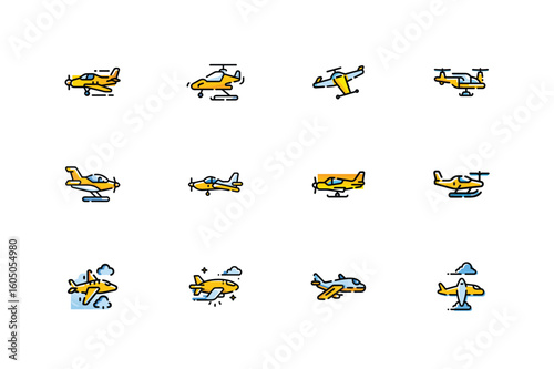 colorful water airplane, airplane icon, black airplane, different kind of airplane design icon sheet, water air and land airplane design icon.