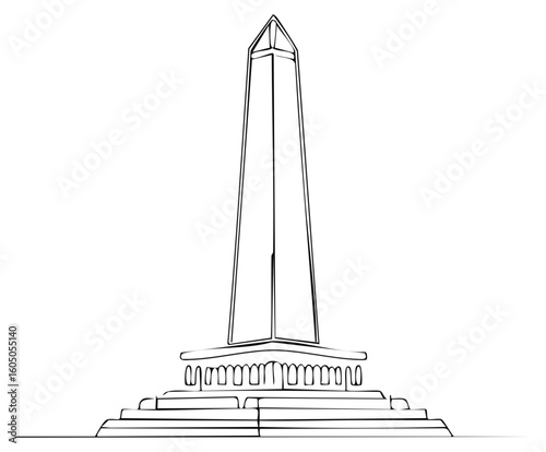 Stylized black and white outline drawing of a tall national monument obelisk with a detailed base graphic