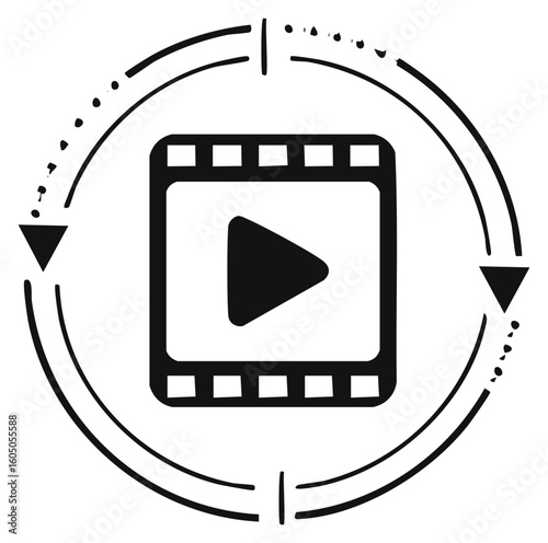 Stylized video loop icon with a film strip and circular replay arrow
