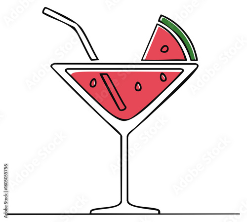 Watermelon Cocktail with Straw and Slice in Martini Glass