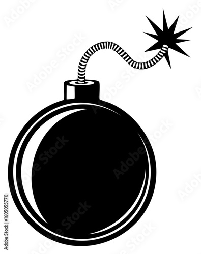 Black and white cartoon illustration of a vintage bomb with lit fuse