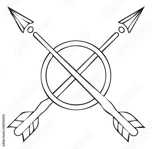 Two Arrows Crossing a Shield Graphic Outline, Black and White - Archery, Hunting