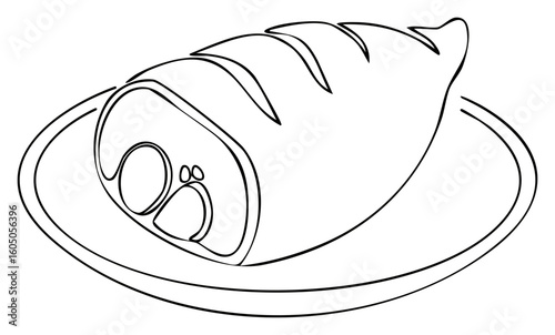 Simple line art illustration of a savory sliced meatloaf or roasted meat dish on a serving plate