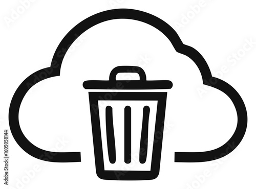 Simple black and white icon illustrating cloud storage data deletion and removal