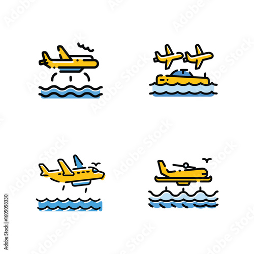 colorful water airplane, airplane icon, black airplane, different kind of airplane design icon sheet, water air and land airplane design icon.