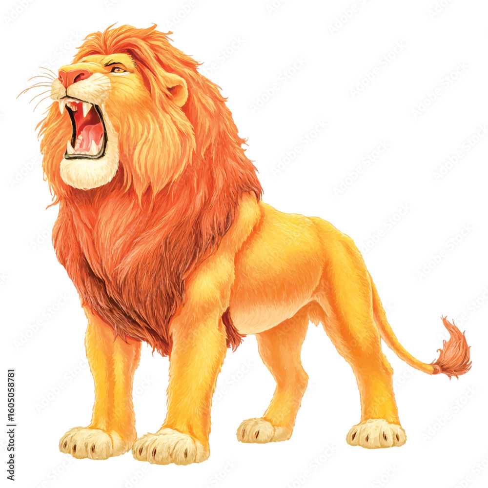 Obraz premium Roaring Lion Illustration Standalone with Orange Mane and Yellow Body on White Background Powerful Feline Animal