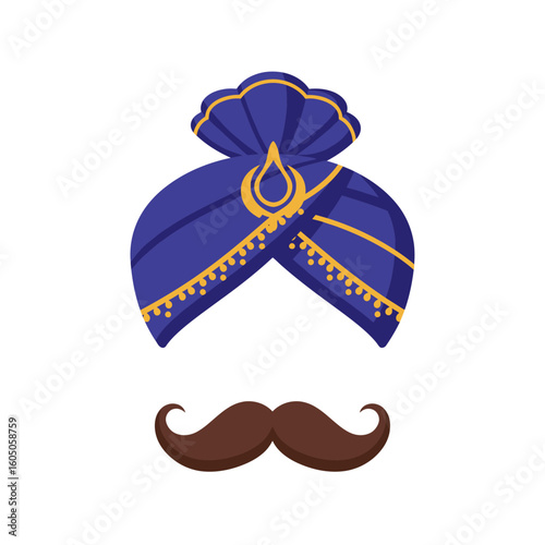 Vibrant Blue Turban and Mustache, Cultural Symbol