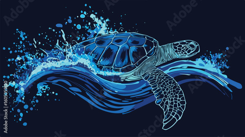 Majestic Sea Turtle Riding Water Splash Wave Surfing Illustration