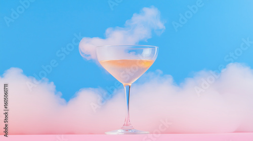 Chilled liquid nitrogen cocktail exuding swirling fog against a vibrant blue backdrop