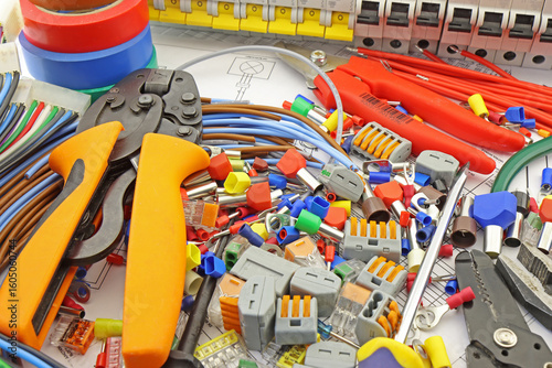 Electrical installation tools and materials for the assembly of electrical equipment. Soft focus. Close-up.