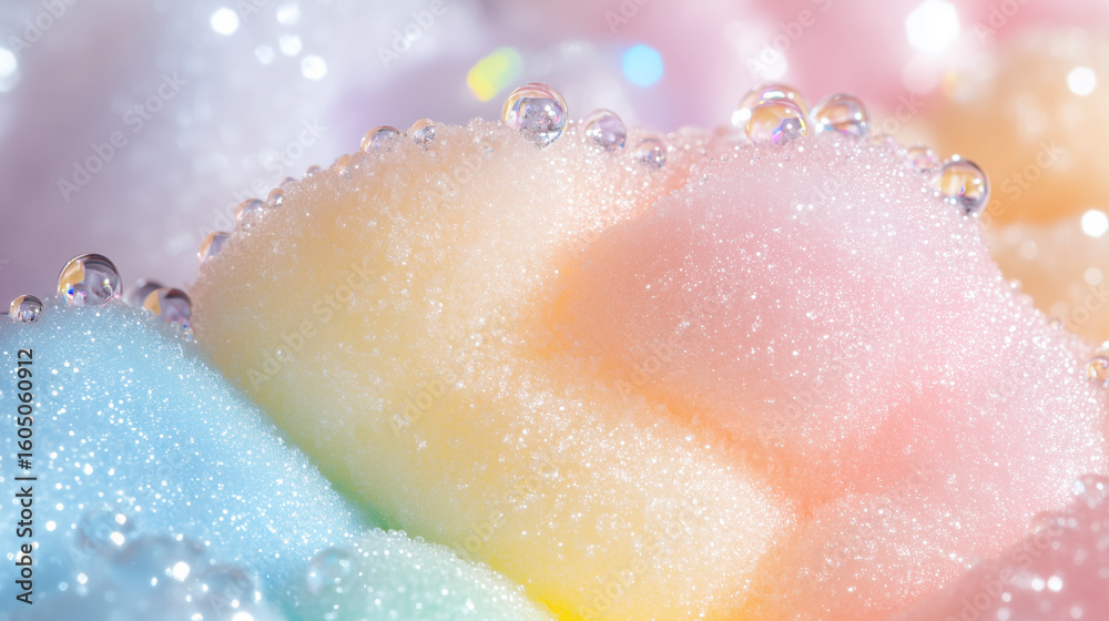 Fototapeta premium close-up of colorful cotton candy in soft pastel color with dew drops