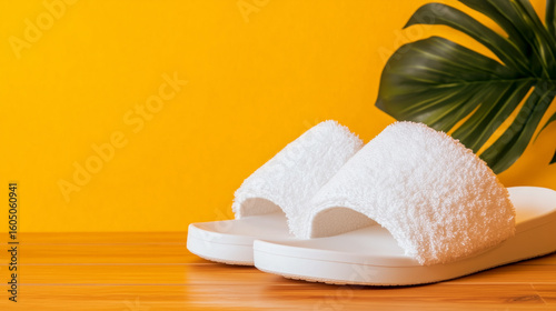 Cozy white spa slippers resting on a wooden floor against a vibrant backdrop