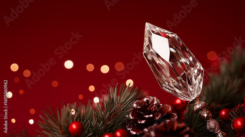 crystal scepter surrounded by pine sprigs, holly berries and sparkling ornaments
