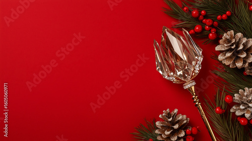 crystal scepter surrounded by pine sprigs, holly berries and sparkling ornaments