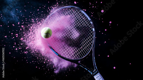 Dynamic shot of a tennis racket striking a ball, releasing an explosion