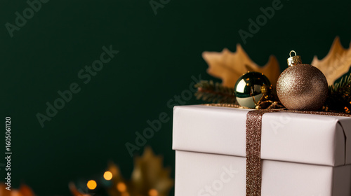 Elegantly wrapped gift box adorned with vivid leaves and decorative ornaments