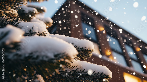 Frost-kissed evergreen boughs framing a softly lit building under serene winter