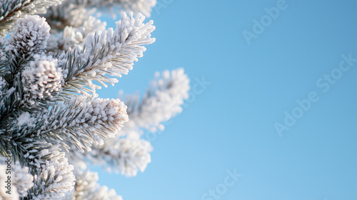 Frost-kissed pine branches framing a serene light blue backdrop