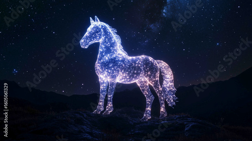 futuristic neon glowing celestial horse creature against starry night sky