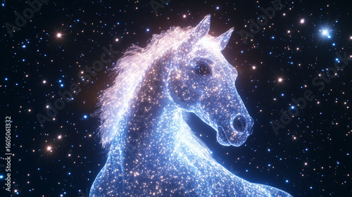 futuristic neon glowing celestial horse creature against starry night sky