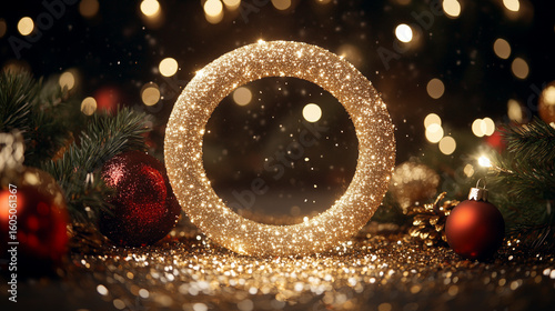 gold glitter circle of light shine sparkles surrounded by red and green ornaments