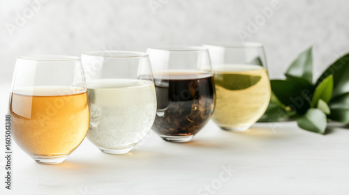 green tea, black tea, white tea, and oolong tea in elegant glass cups