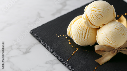 levitating dulce de leche ice cream with glossy caramel drips