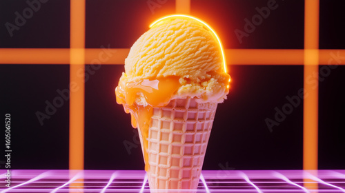 levitating dulce de leche ice cream with glowing caramel drips