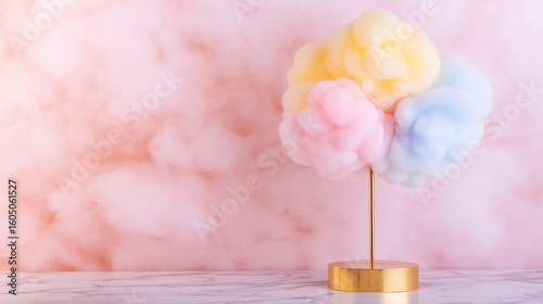 luxury display of colorful cotton candy in soft pastel color on a marble slab