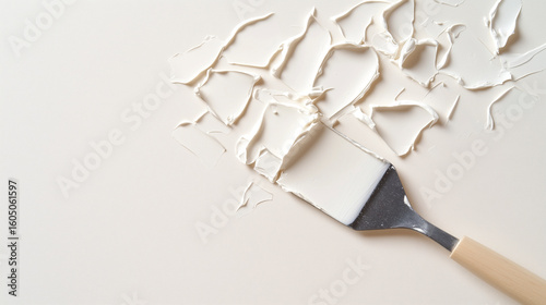 Metal putty knife scraping flaking paint from a smooth beige wall