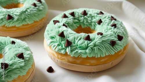 Whimsical Sweet Treats: Gourmet Donuts Decorated with Fluffy Green Frosting and Chocolate Chips