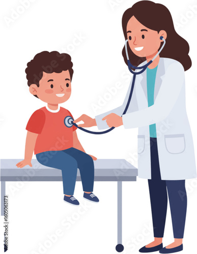 Doctor examining child with stethoscope in clinic, medical checkup illustration