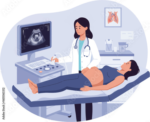 Pregnant woman getting ultrasound scan by doctor in medical clinic