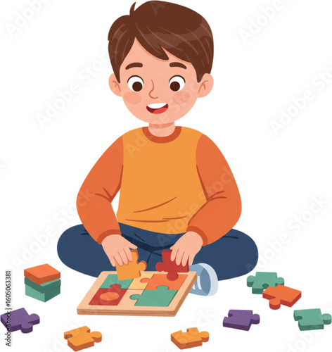 Cute Boy Playing Puzzle, Children's Activity, Education, Learning, Problem Solving, Child