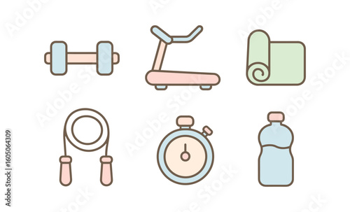 Minimalist pastel fitness icons: dumbbell, treadmill, yoga mat, jump rope, stopwatch, water bottle