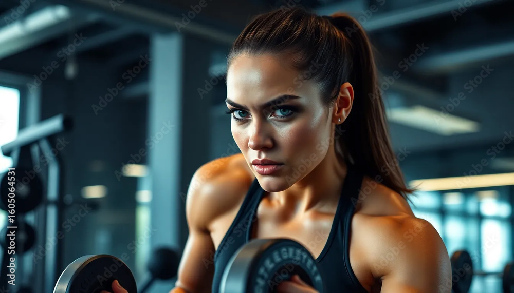 Fototapeta premium Determined woman with focused expression lifting dumbbells during intense strength training workout in gym
