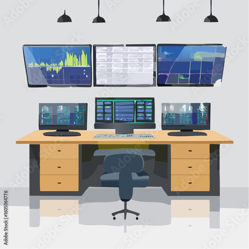 Modern Control Room with Multiple Monitors Displaying Data and Information