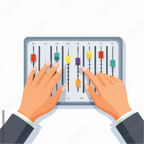 Hands Adjusting Colorful Audio Mixer Controls