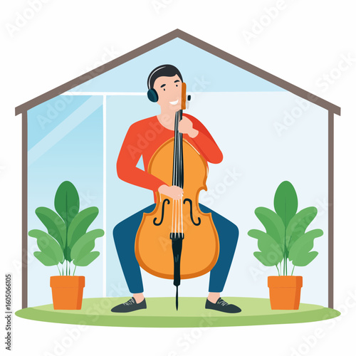 Cheerful Cellist Playing Cello with Headphones Inside a Greenhouse
