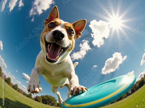 The funny dog play with flying toy trying catch it in the air.