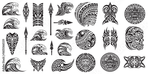 Collection of intricate maori inspired tribal tattoo designs and polynesian art elements featuring spears and abstract patterns on white background