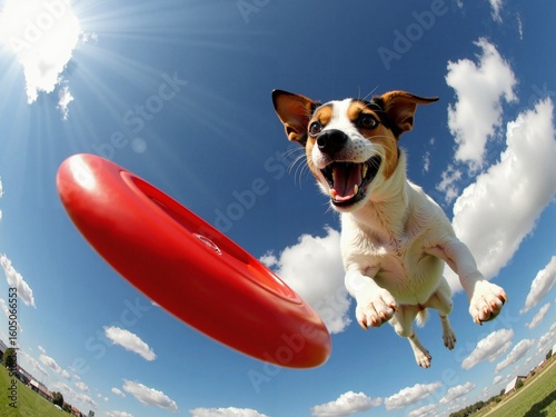 The funny dog play with flying toy trying catch it in the air.