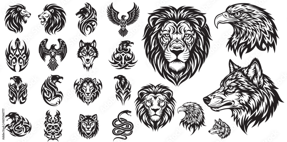 Collection of tribal tattoo designs featuring majestic animals like lions eagles wolves and snakes in black and white Collection of tribal tattoo designs featuring majestic animals like lions eagles wolves and snakes in black and white